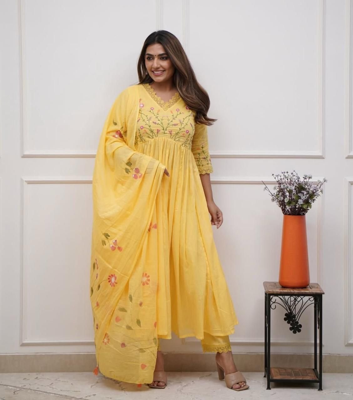 Cotton Embroidered Kurta Set with Malmal Dupatta